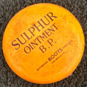 Vintage Boots Yellow Sulphur Ointment B.P. ceramic pot by Boots, England, circa 1930s–1950s.