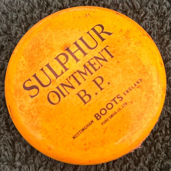 boots yellow sulphur ointment pot Vintage Boots Yellow Sulphur Ointment B.P. ceramic pot by Boots, England, circa 1930s–1950s.