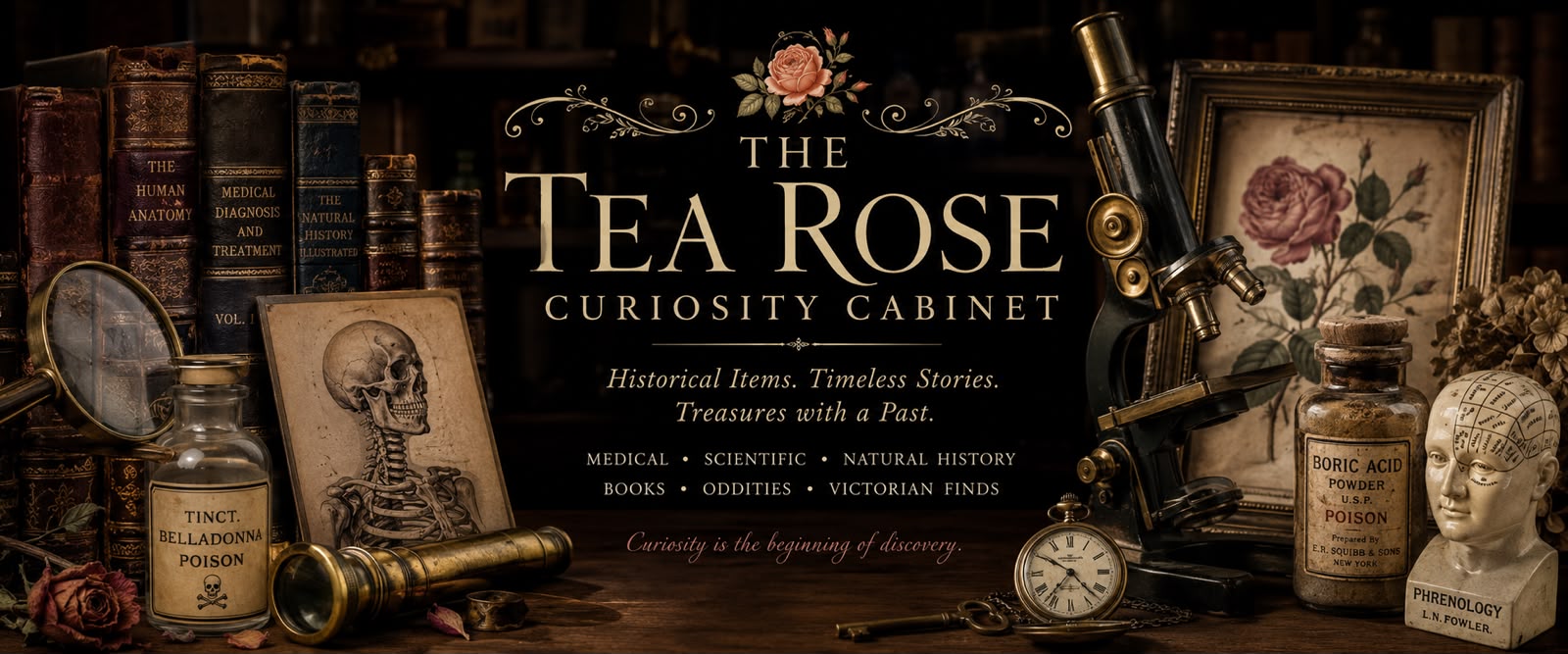 The Tea Rose Curiosity Cabinet. Historical items. Timeless stories. Treasures with a past. Medical, scientific, natural history, books, oddities, Victorian finds. Curiosity is the beginning of discovery
